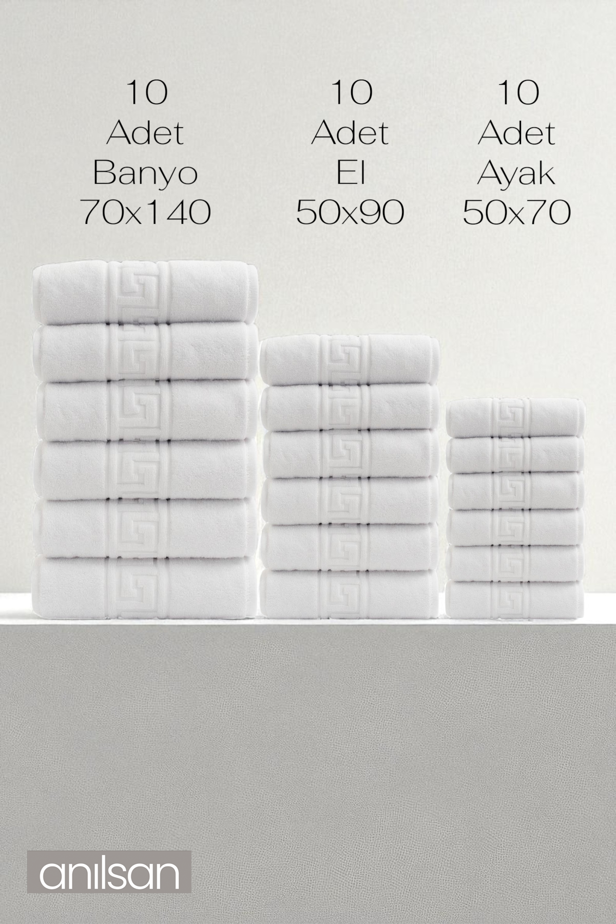 30'lu Greek Havlu Otel Serisi S - 10 El Havlu 50x90,  10 Banyo Havlu 70x140, 10 Ayak Havlu 50x70