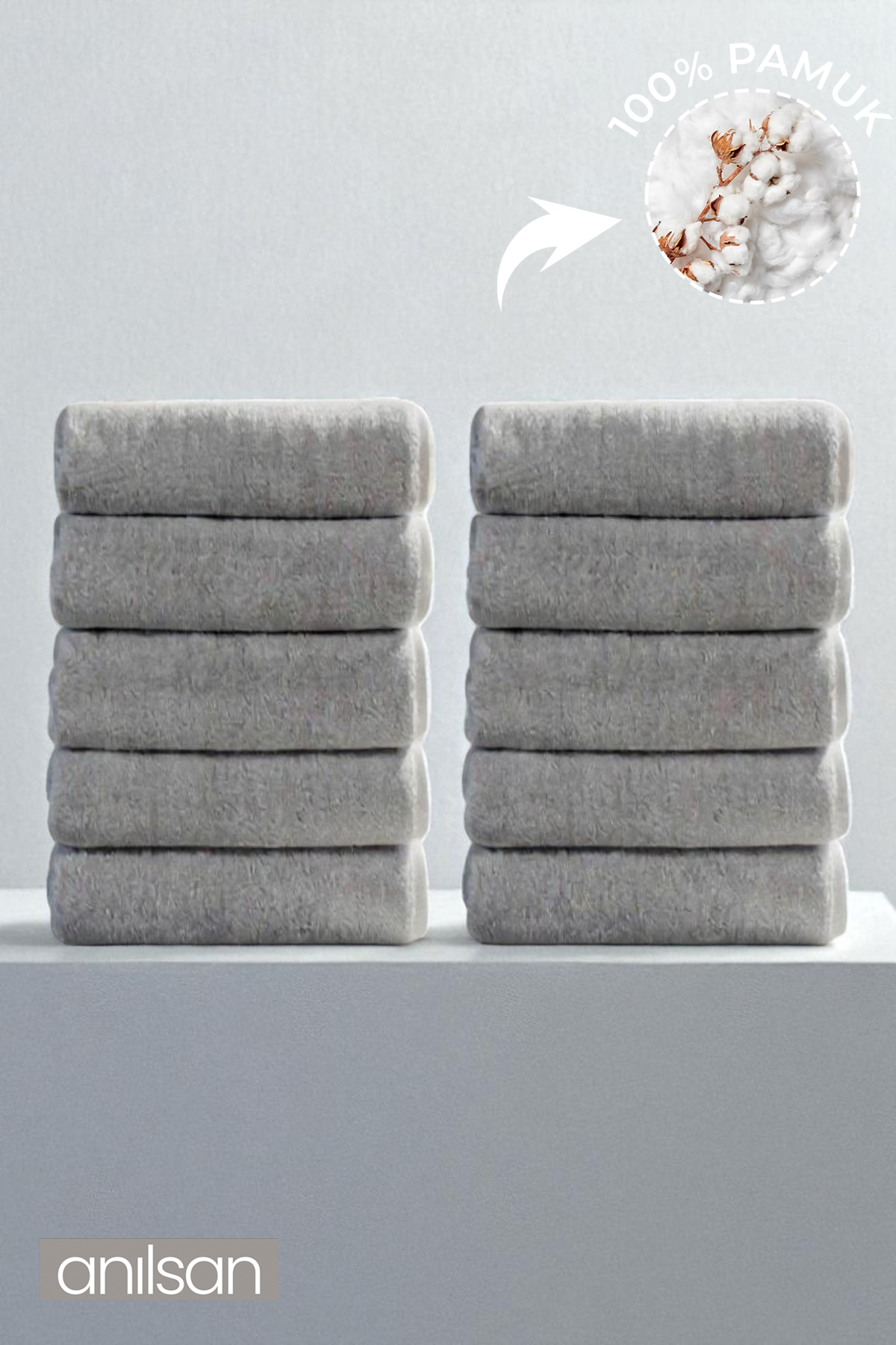 10'lu Düz Gri El Havlusu - 50x90 Cm, 225 Gr, %100 Pamuk, Spa Ve Otel Havlusu