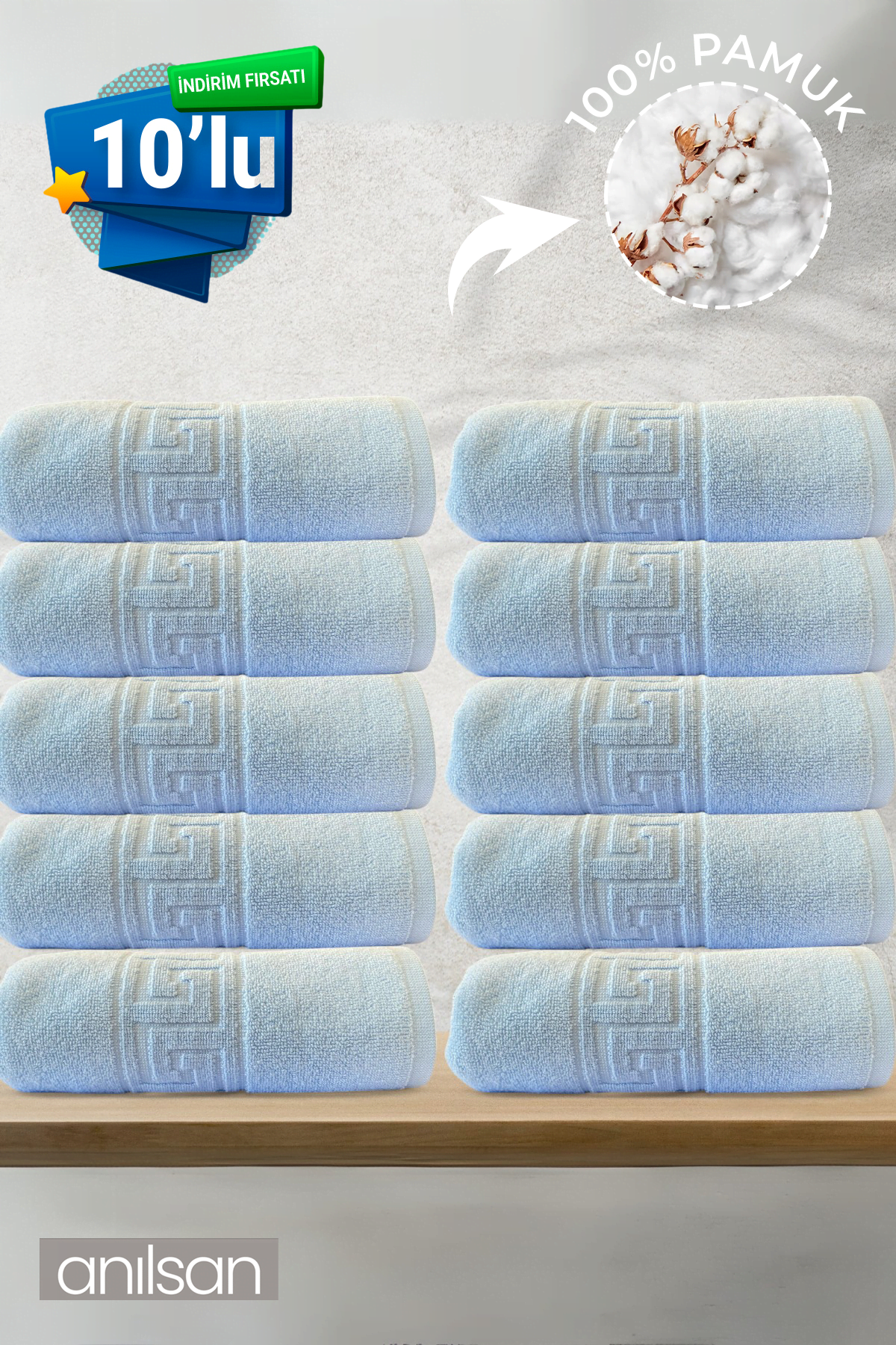 10'lu Mavi Greek Beyaz Banyo Havlusu - 70x140 Cm, 490 Gr, %100pamuk, Spa Ve Otel Havlusu