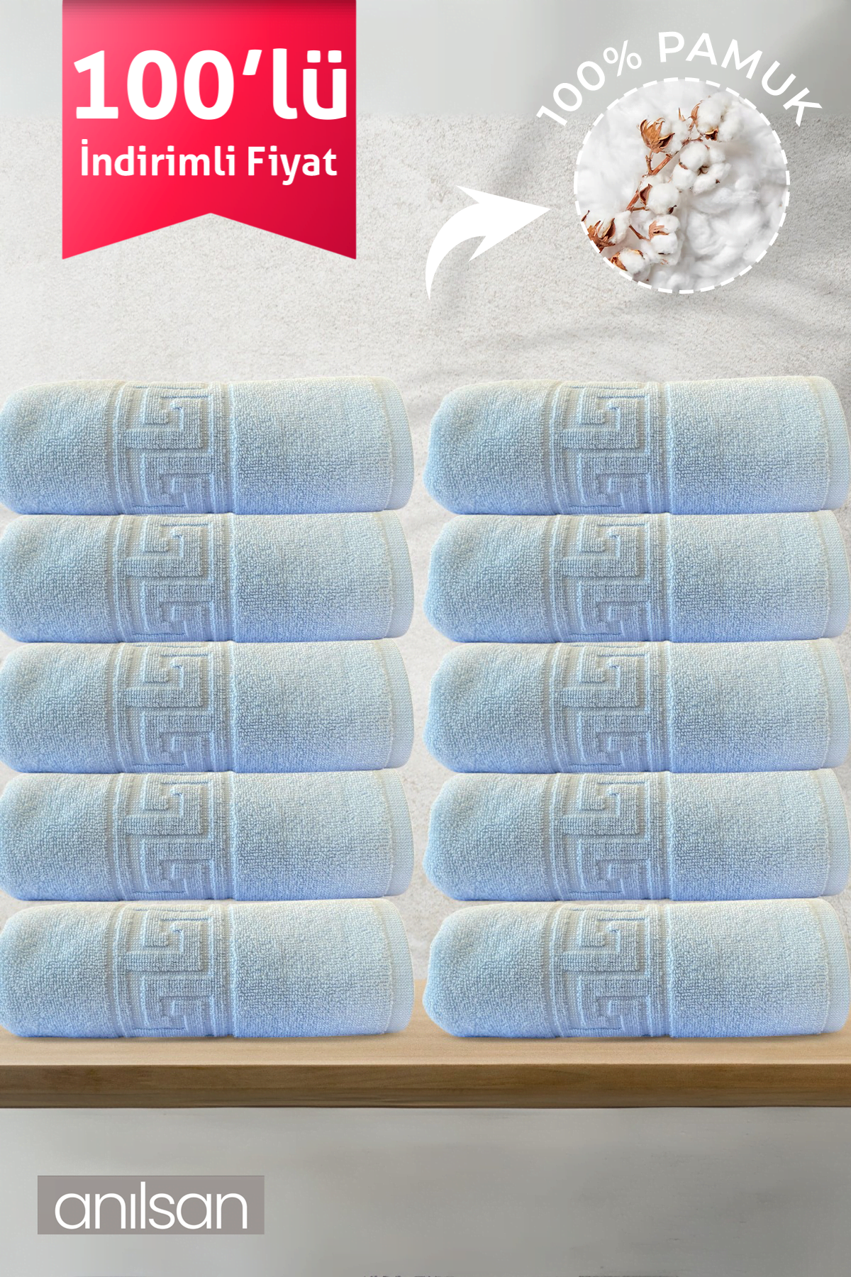 100'lü Greek Mavi Banyo Havlusu - 70x140 Cm, 490 Gr, %100pamuk, Spa Ve Otel Havlusu (10 Adet)