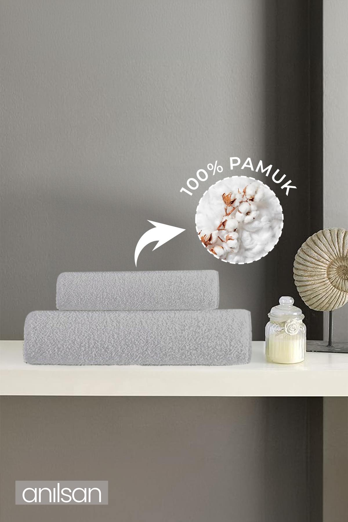 2'li Düz Gri Havlu Seti %100 Pamuk - 1 Adet El Havlusu 50x90 ve 1 Adet Banyo Havlusu 70x140