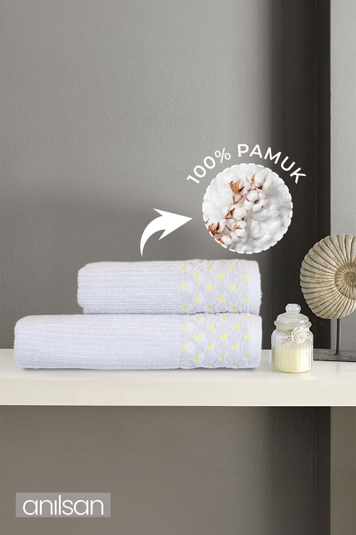 2'li Gri, Sarı Noktalı Havlu Set %100 Pamuk  - 1 Adet El Havlusu 50x90 - 1 Adet Banyo Havlusu 70x120