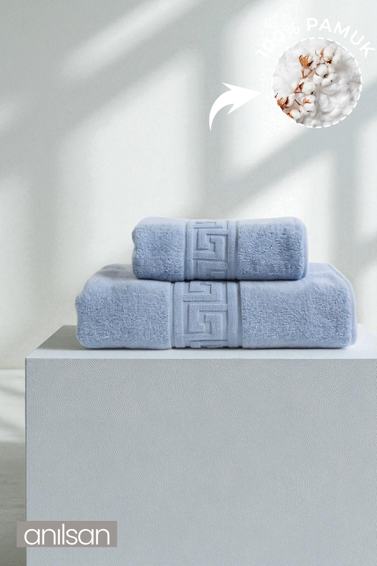 2'li Mavi Greek Havlu Seti %100 Pamuk - 1 Adet El Havlusu 50x90 Ve 1 Adet Banyo Havlusu 70x140