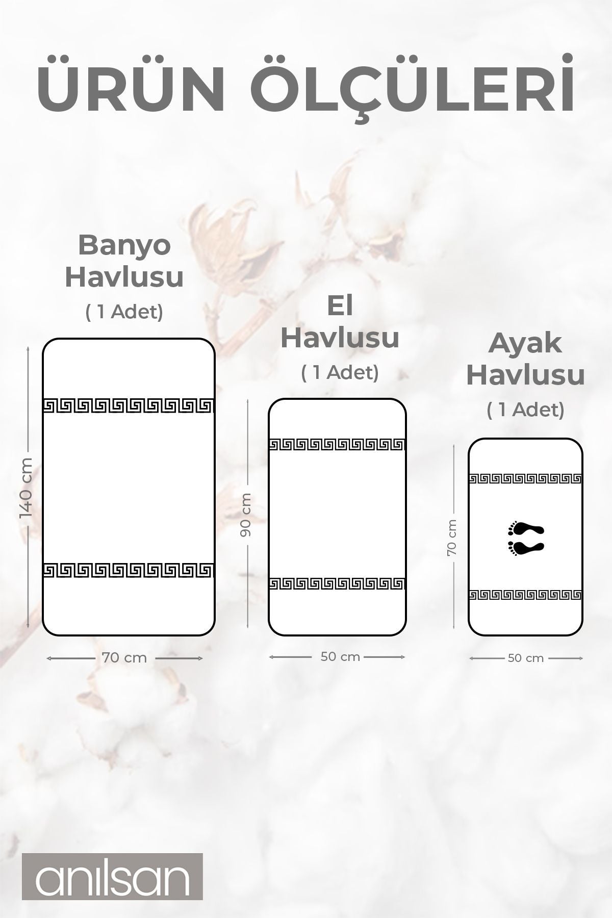 3'lü Beyaz Greek Havlu Set-1 Ad El Havlusu 50x90, 1 Ad Banyo Havlusu 70x140 1 Ad Ayak Havlusu 50x70