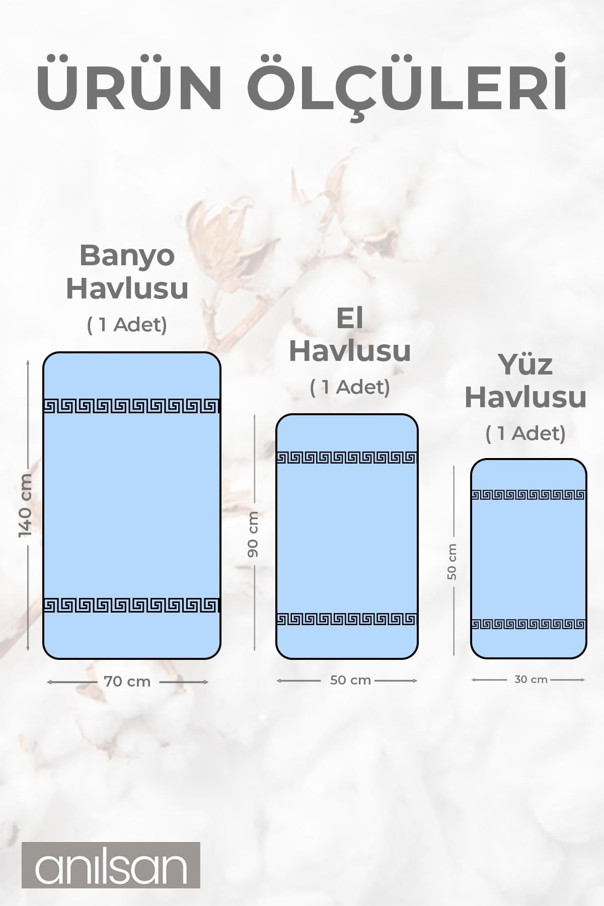 3'lü Mavi Greek Havlu Seti %100 Pamuk  - 1 Adet El Havlusu 1 Adet Yüz Havlusu ve 1 Adet Banyo Havlusu