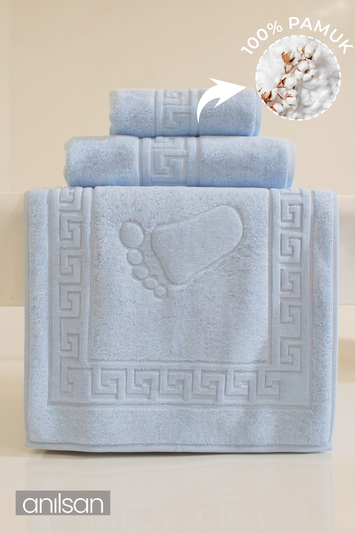 3'lü Mavi Greek Havlu Seti %100 Pamuk  - 1 Adet El Havlusu 1 Adet Yüz Havlusu ve 1 Adet Banyo Havlusu