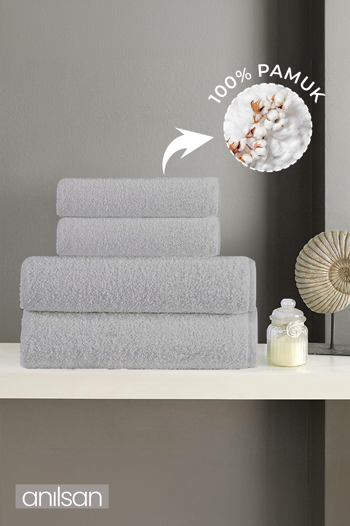4'lü Düz Gri Havlu Seti %100 Pamuk  - 2 Adet El Havlusu 50x90 ve 2 Adet Banyo Havlusu 70x140