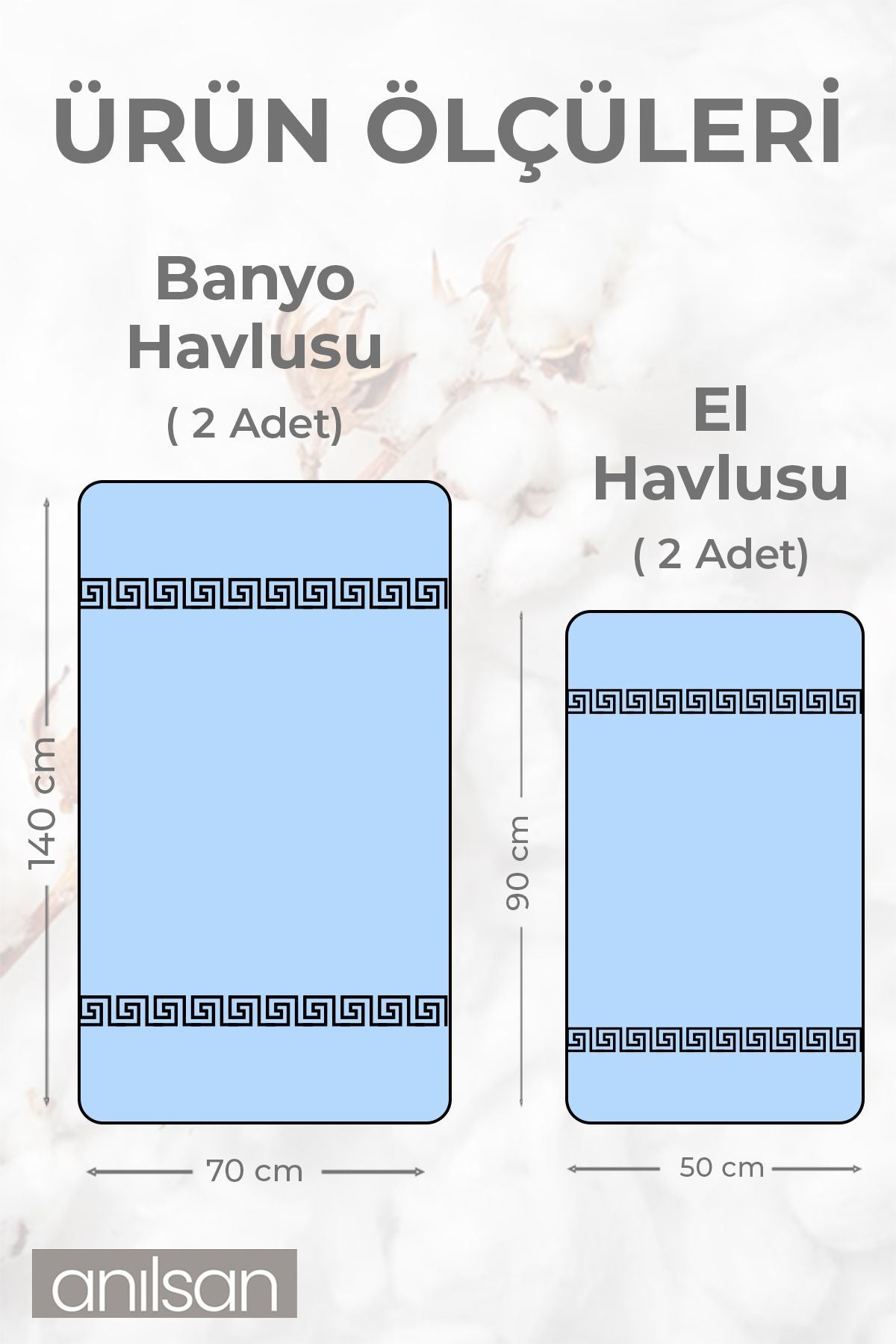 4'lü Mavi Greek Havlu Set %100Pamuk - 2 Adet El Havlusu 50x90 ve 2 Adet Banyo Havlusu 70x140