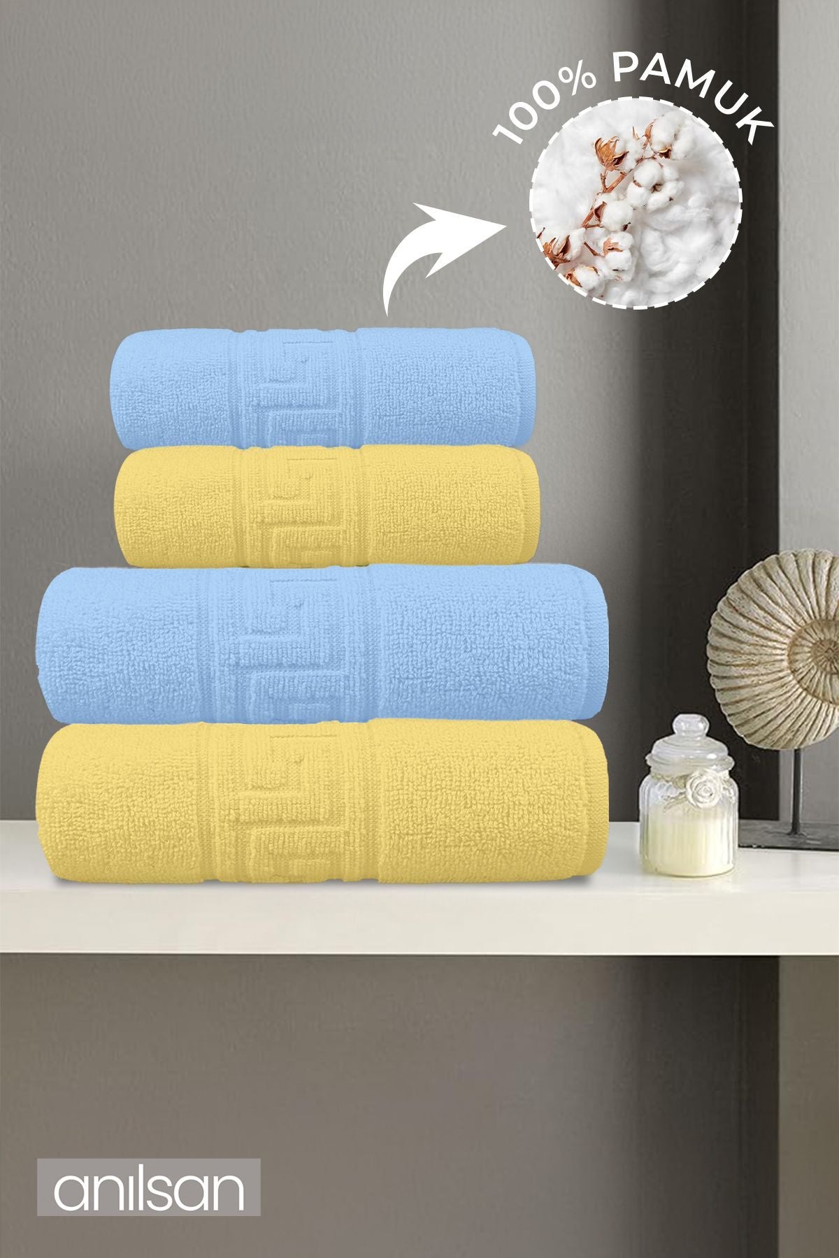 4'lü Mavi ve Sarı Greek Havlu Seti %100 Pamuk  - 2 Adet El Havlusu ve 2 Adet Banyo Havlusu