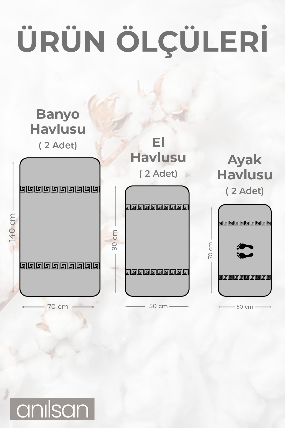 6lı Gri Greek Havlu Set 2 Adet El Havlusu 50x90, 2 Adet Banyo Havlusu 70x140 2 Adet Ayak Havlu 50x70