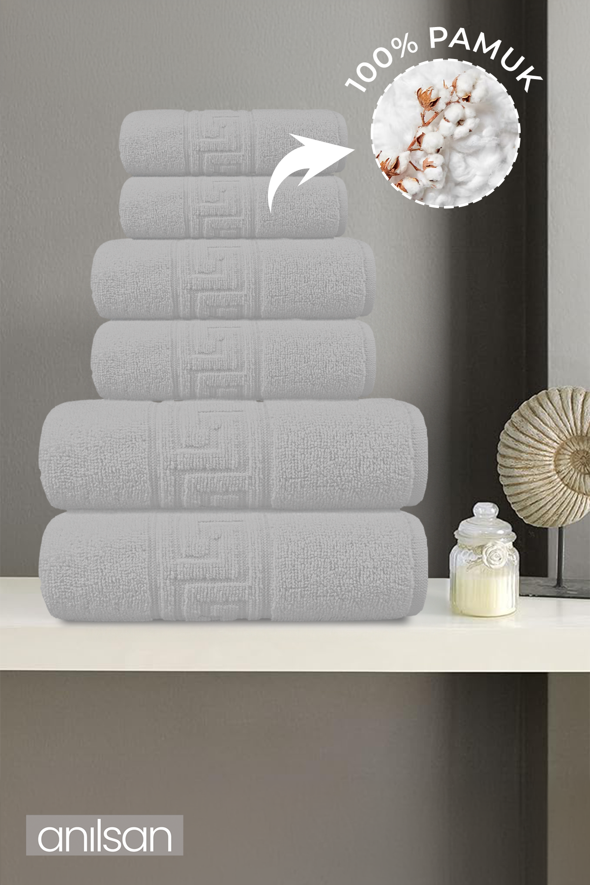 6lı Gri Greek Havlu Set 2 Adet El Havlusu 50x90, 2 Adet Banyo Havlusu 70x140 2 Adet Ayak Havlu 50x70