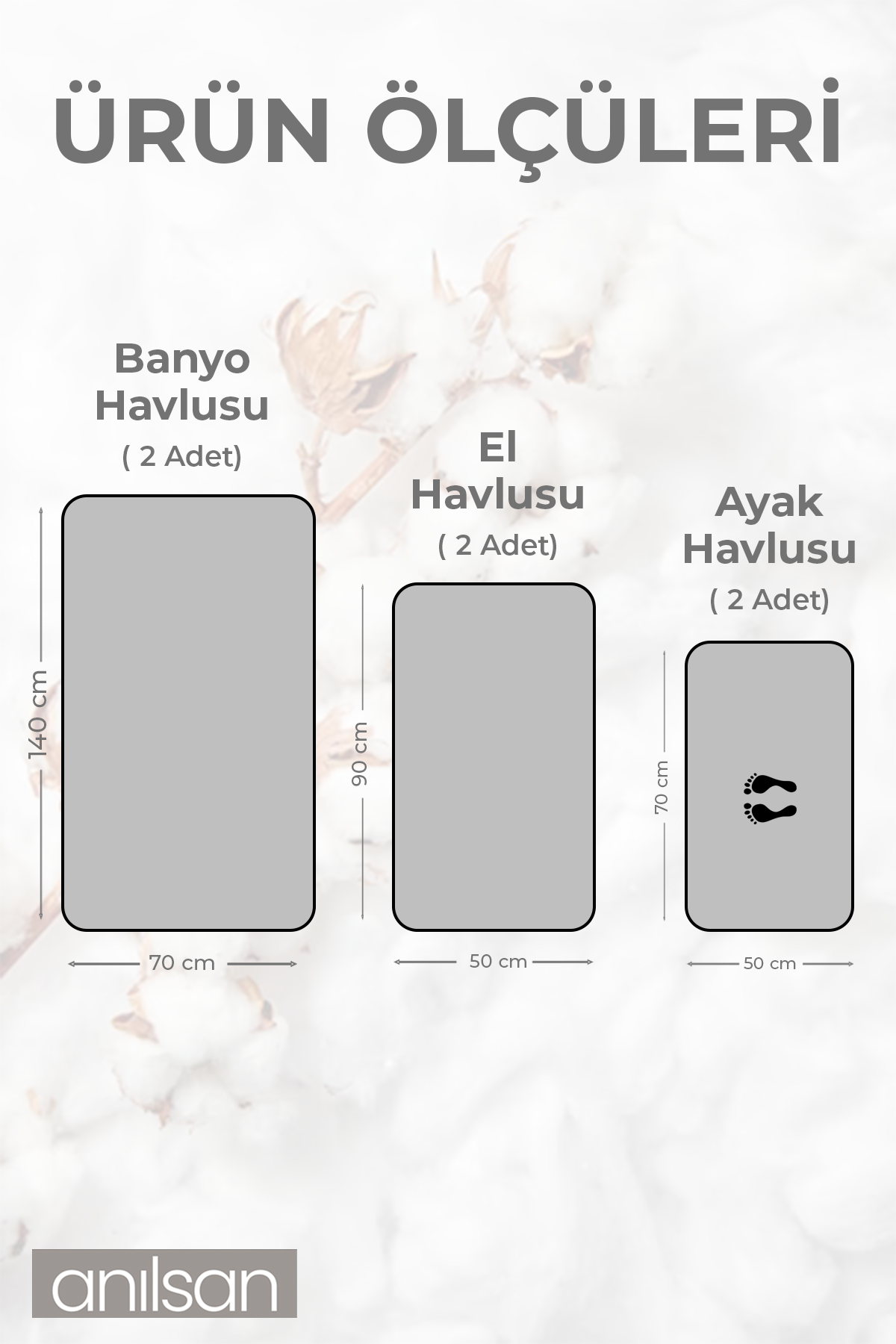 6'lı Düz Gri Havlu Set - 2 Adet El Havlusu 50x90, 2 Adet Banyo Havlusu 70x140, 2 Adet Ayak Havlusu 50x70