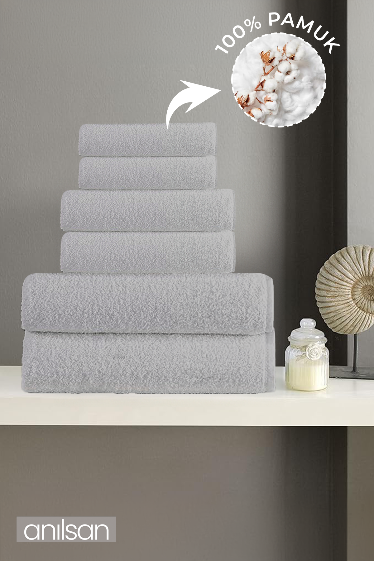 6'lı Düz Gri Havlu Set - 2 Adet El Havlusu 50x90, 2 Adet Banyo Havlusu 70x140, 2 Adet Ayak Havlusu 50x70