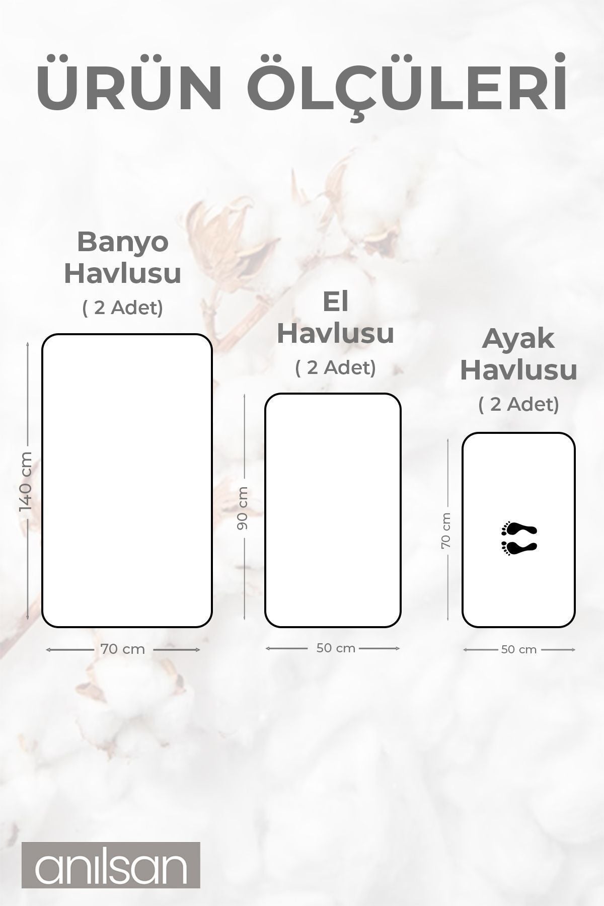 6'lı Beyaz Havlu Seti -2 Adet El Havlusu 50x90, 2 Adet Banyo Havlusu 140x70 ve 2 Ayak Havlusu 50x70