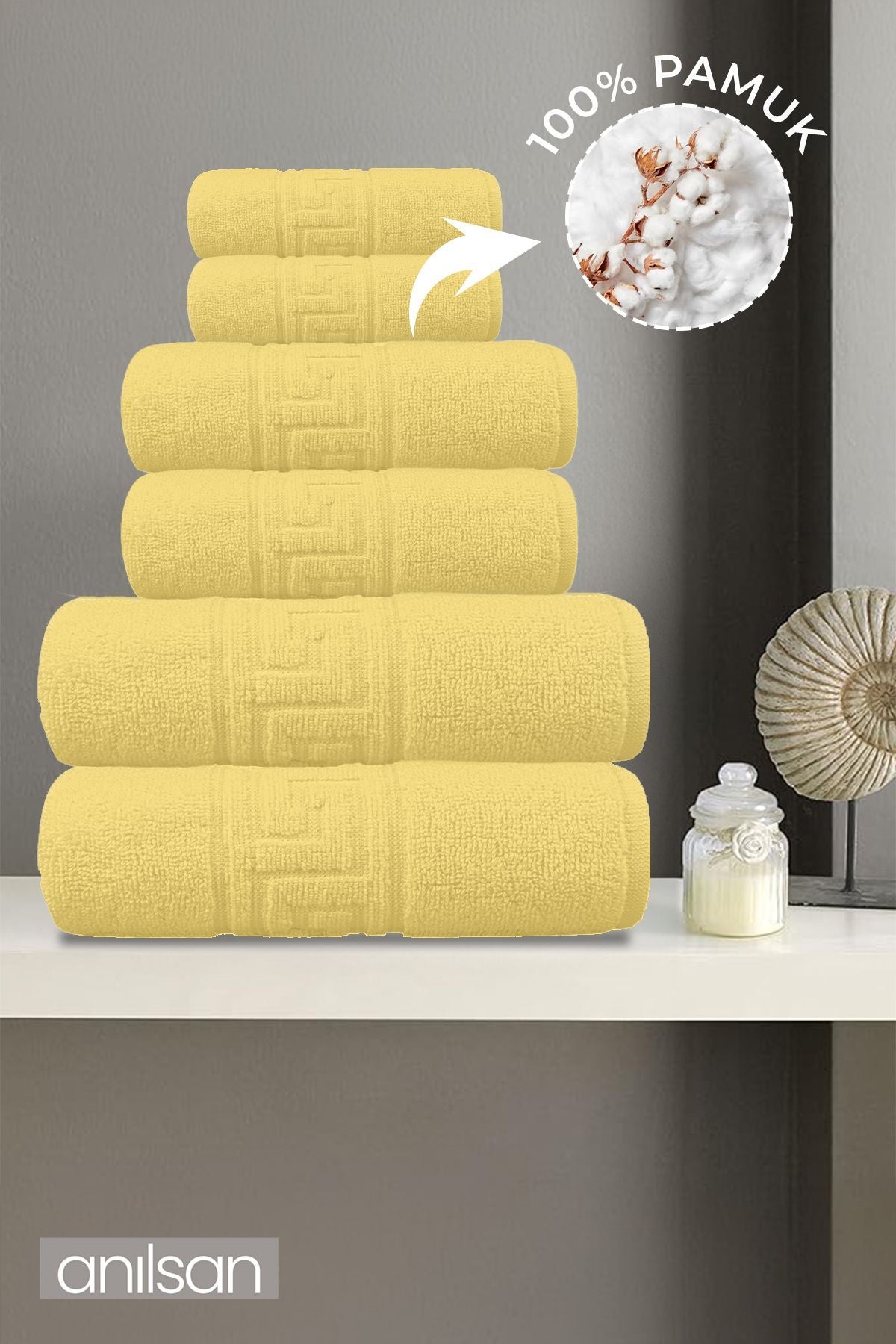 6'lı Sarı Greek Havlu Seti - 2 Ad El Havlusu 50x90 2 Ad Yüz Havlusu 50x30 2 Ad Banyo Havlusu 70x140