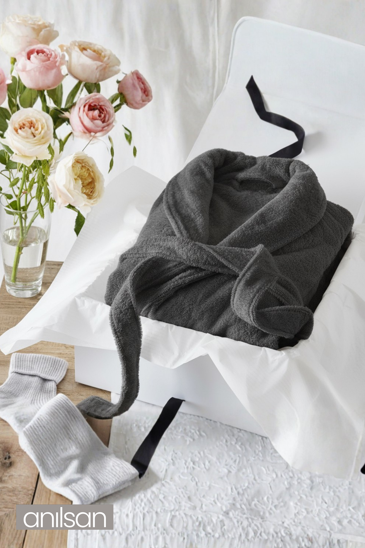 Şalyaka Bornoz Antrasit %100 Pamuk Unisex Spa Için Ideal Kadın/Erkek