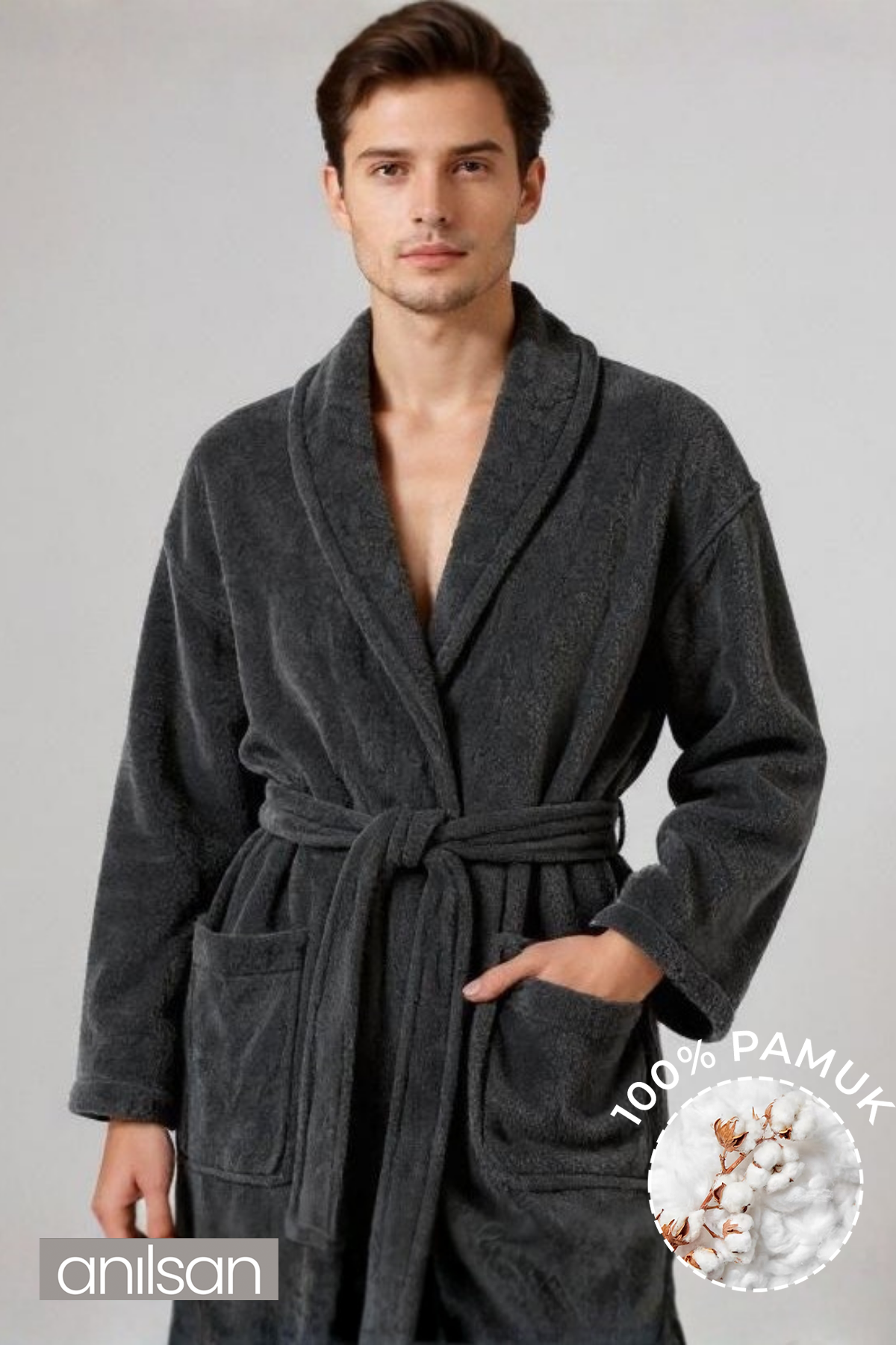 Şalyaka Bornoz Antrasit %100 Pamuk Unisex Spa Için Ideal Kadın/Erkek