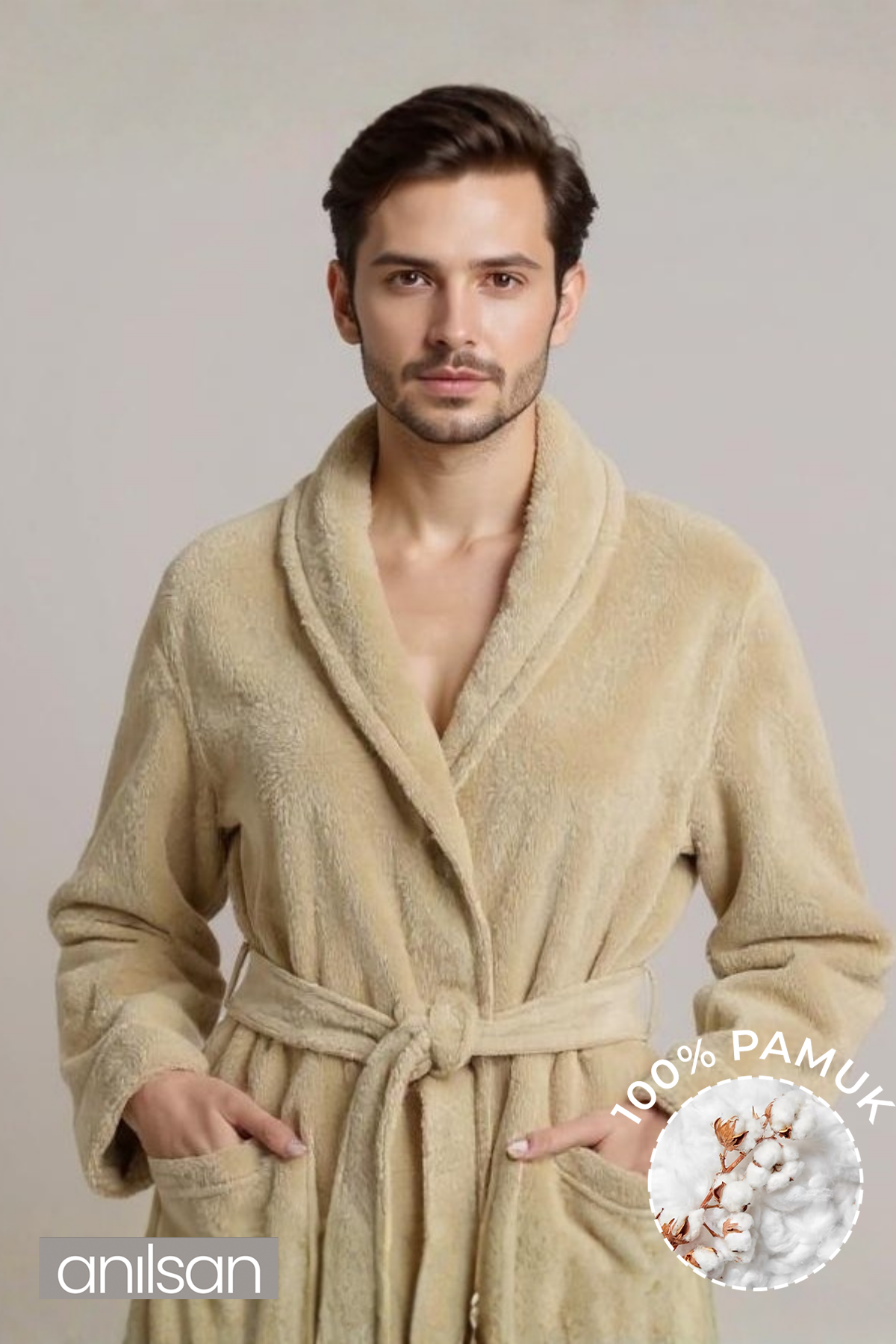 Şalyaka Bornoz Bej %100 Pamuk Unisex Spa Için Ideal Kadın/Erkek