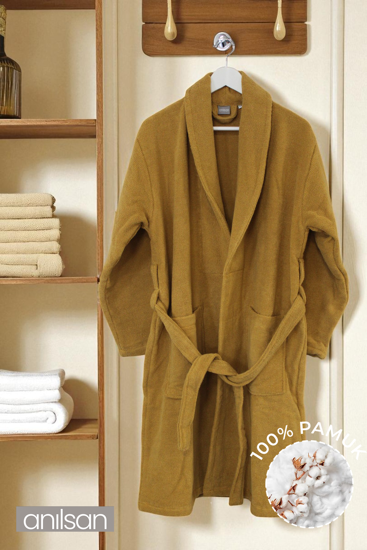 Şalyaka Zaya Bornoz Hardal %100 Pamuk Unisex Spa Için Ideal Kadın/Erkek
