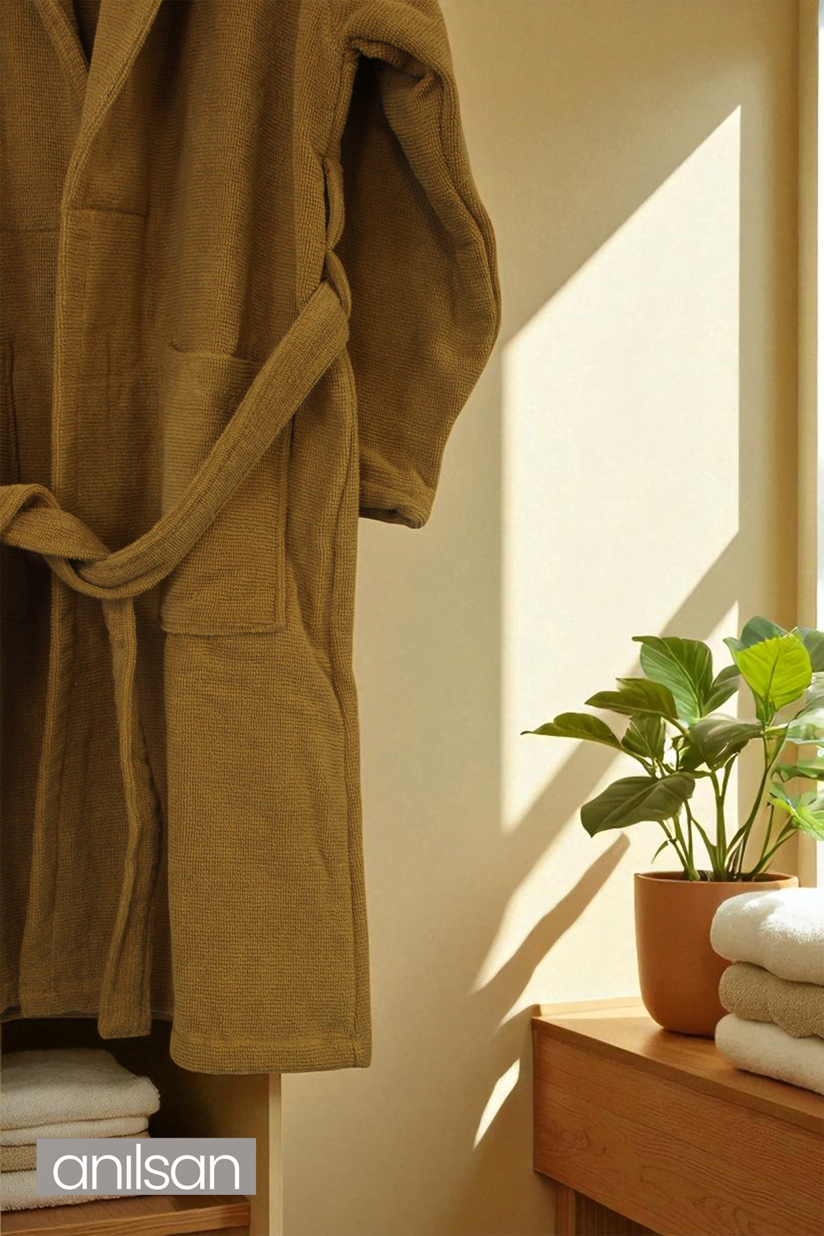 Şalyaka Zaya Bornoz Hardal %100 Pamuk Unisex Spa Için Ideal Kadın/Erkek