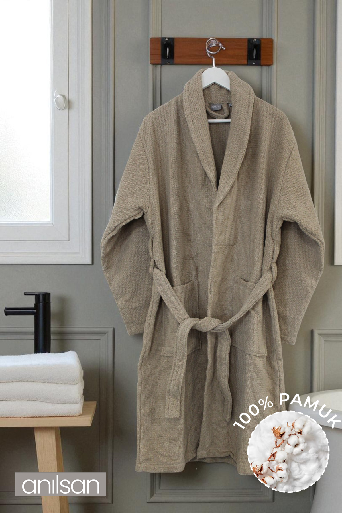 Şalyaka Zaya Bornoz Bej %100 Pamuk Unisex Spa Için Ideal Kadın/Erkek