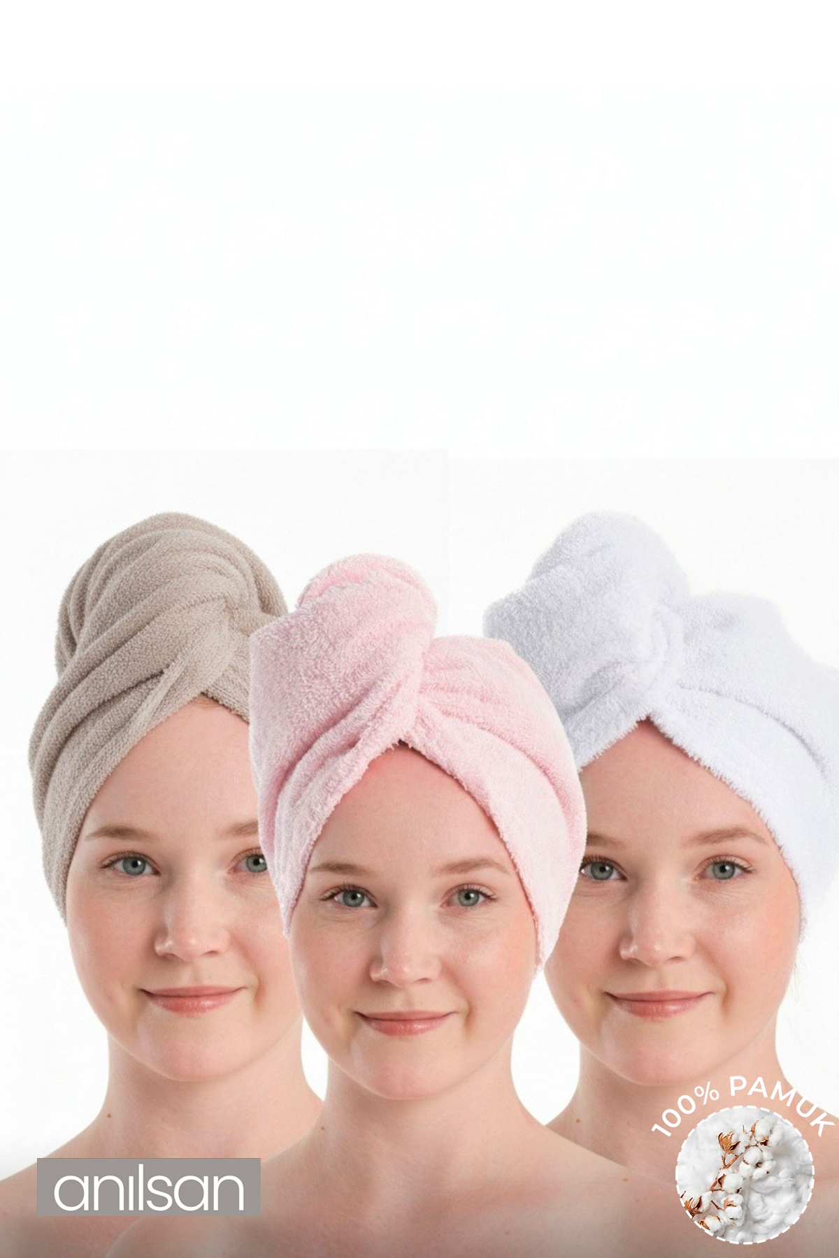 %100 Pamuk Bej-Pudra-Beyaz Havlu Bone Saç Kurutma Bonesi Kafa Havlusu Duş Banyo Bonesi Islak Saç Kur