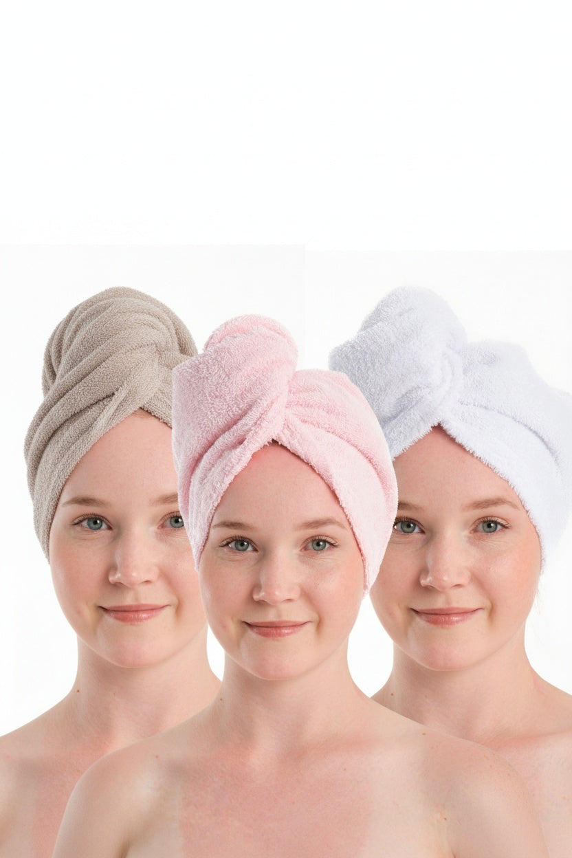 %100 Pamuk Bej-Pudra-Beyaz Havlu Bone Saç Kurutma Bonesi Kafa Havlusu Duş Banyo Bonesi Islak Saç Kur