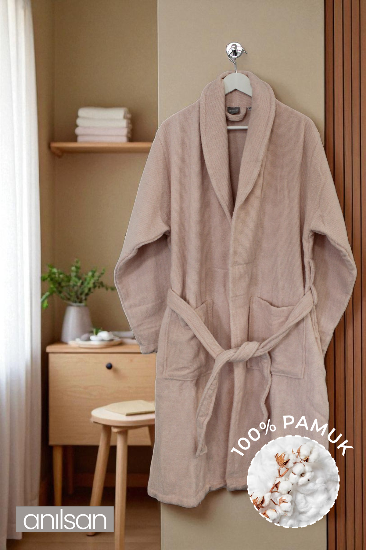 Şalyaka Zaya Bornoz Pudra %100 Pamuk Unisex Spa Için Ideal Kadın/Erkek