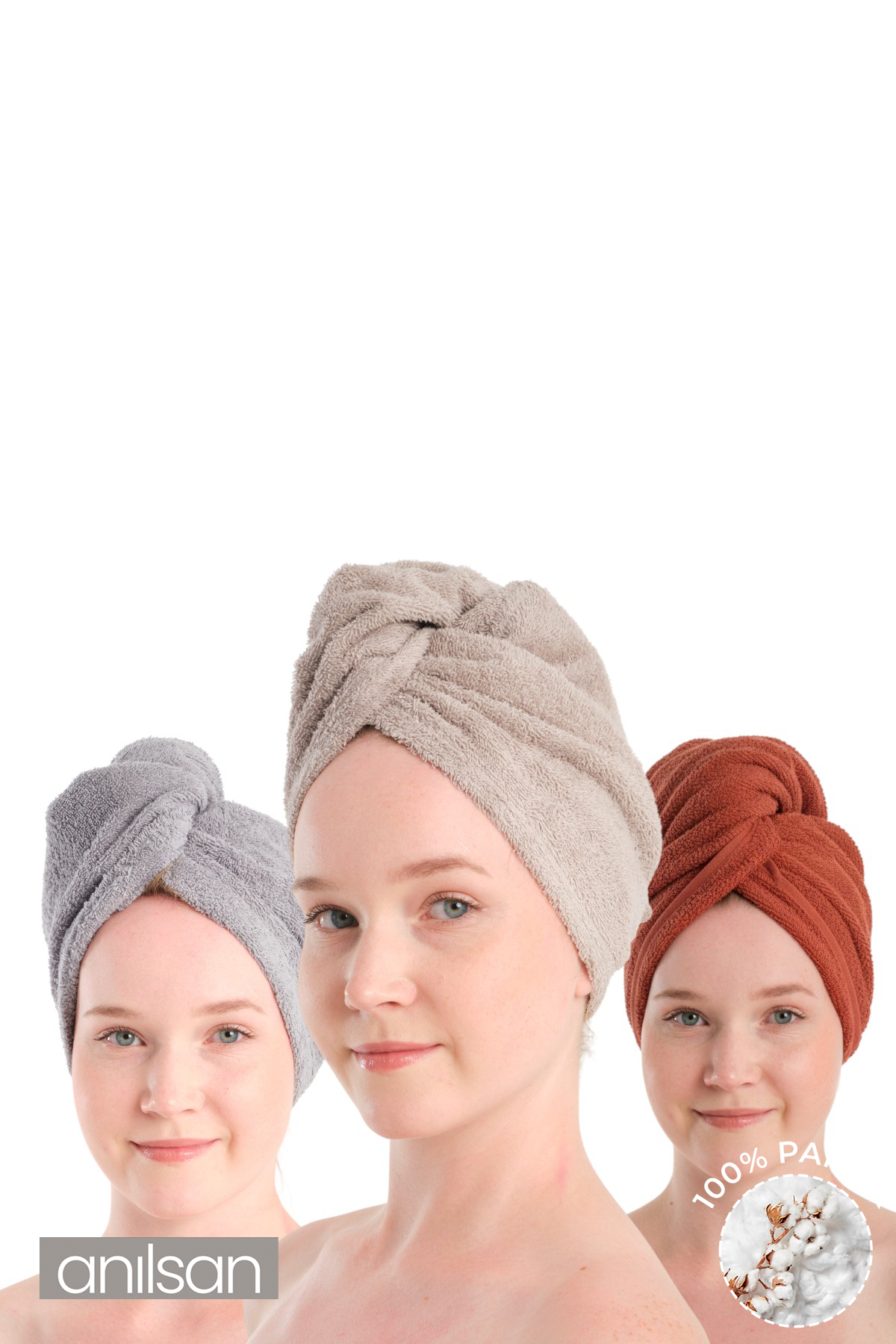 %100 Pamuk Kiremit-Gri-Mavi Havlu Bone Saç Kurutma Bonesi Kafa Havlusu Duş Banyo Bonesi Islak Saç Kur