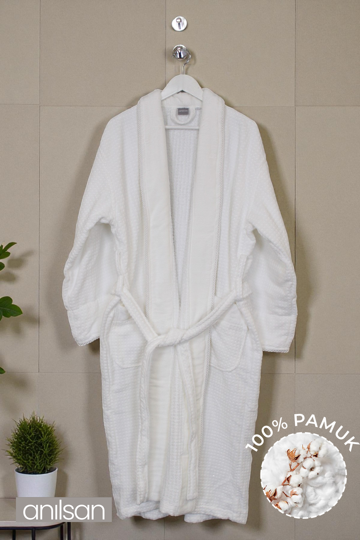 Şalyaka Kadife Biyeli Waffle Otel Bornozu %100 Pamuk Unisex, Spa İçin İdeal  Kadın/Erkek