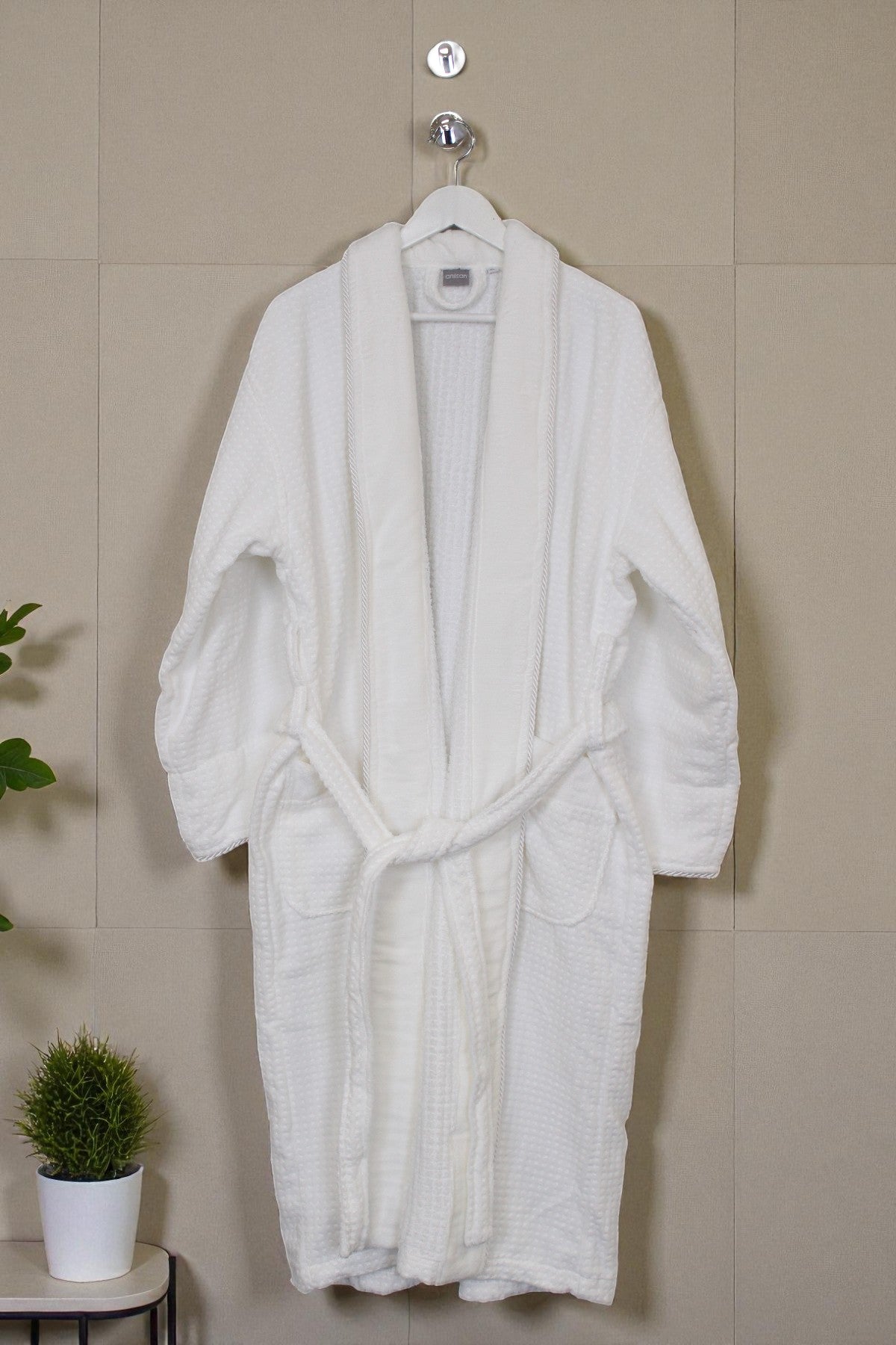 Şalyaka Kadife Biyeli Waffle Otel Bornozu %100 Pamuk Unisex, Spa İçin İdeal  Kadın/Erkek