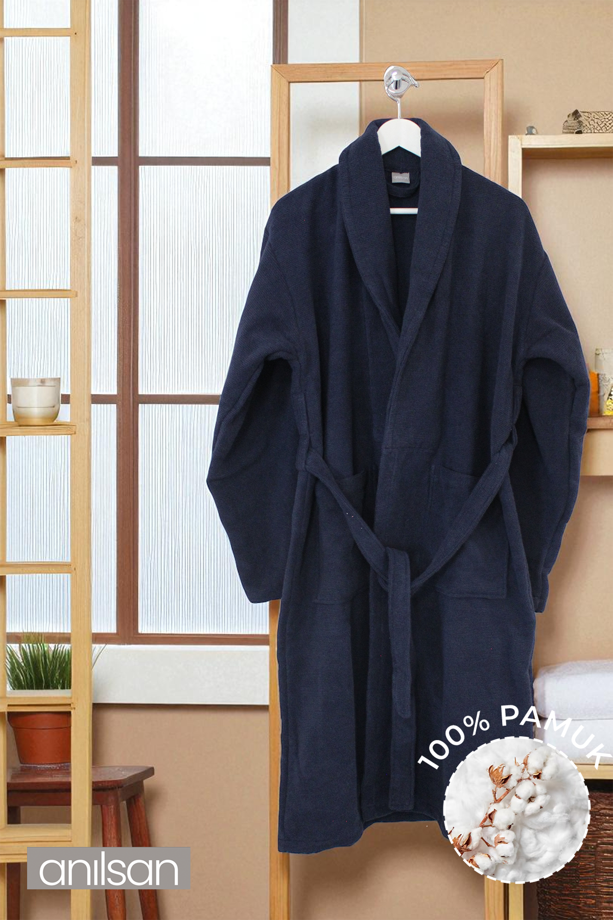 Şalyaka Zaya Bornoz Lacivert %100 Pamuk Unisex Spa Için Ideal Kadın/Erkek