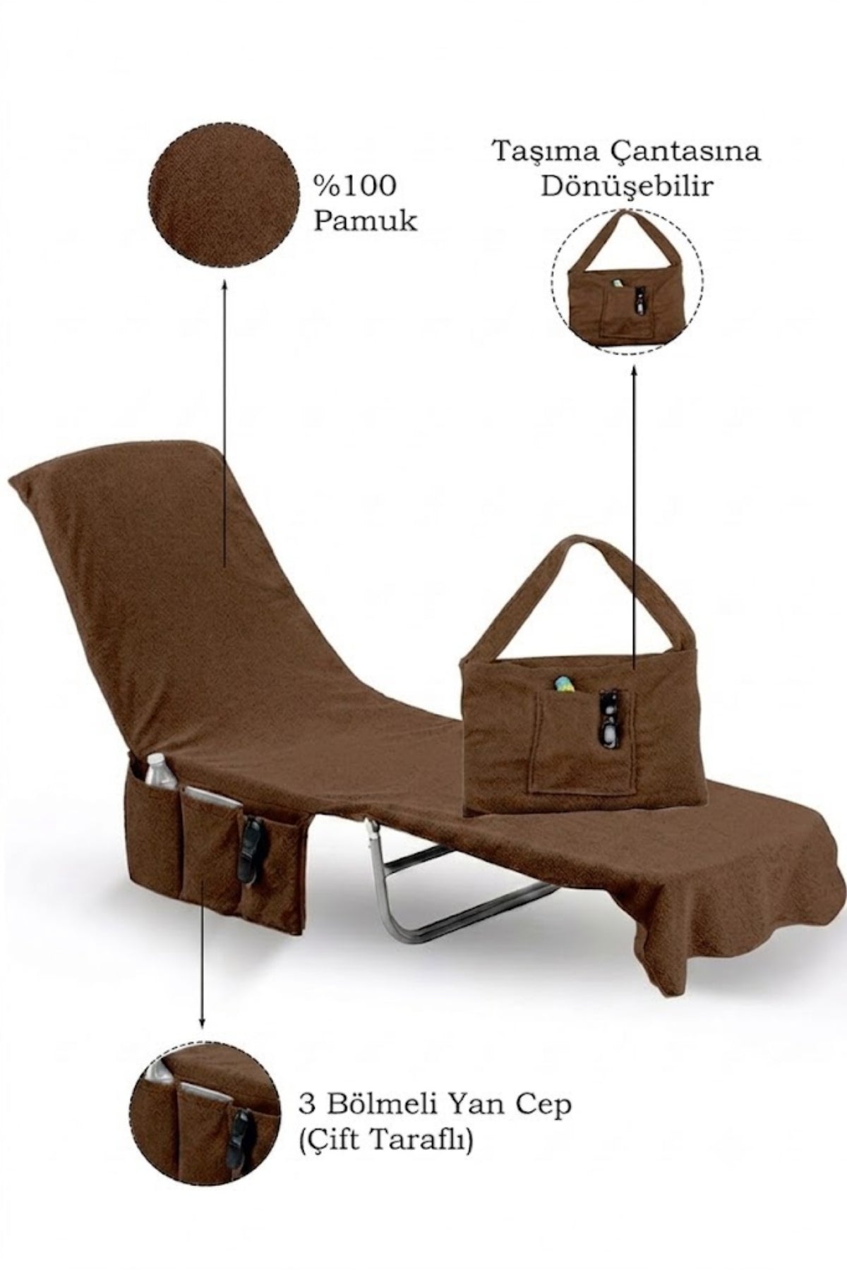 %100 Pamuk Şezlong Havlusu - Kahverengi - 60x180 cm - Hızlı Kuruyan Plaj ve Havuz Havlusu