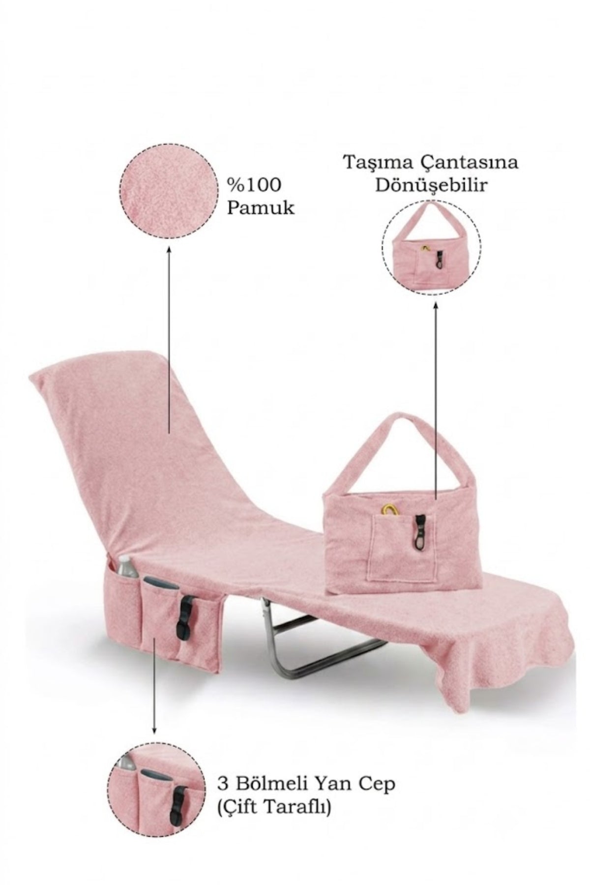%100 Pamuk Şezlong Havlusu Pembe 60x180 cm - Hızlı Kuruyan Plaj ve Havuz Havlusu