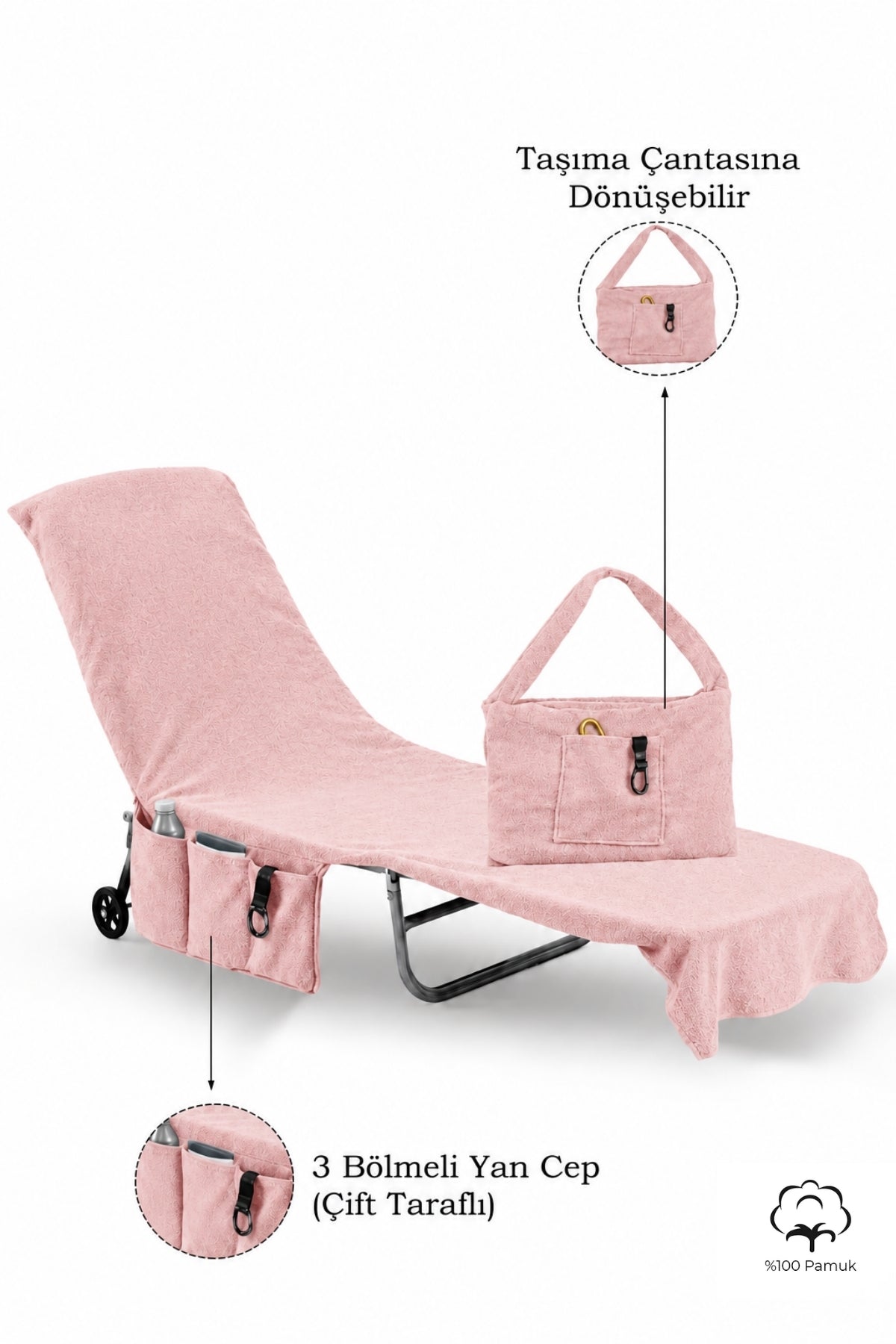 %100 Pamuk Şezlong Havlusu Pembe 60x180 cm - Hızlı Kuruyan Plaj ve Havuz Havlusu