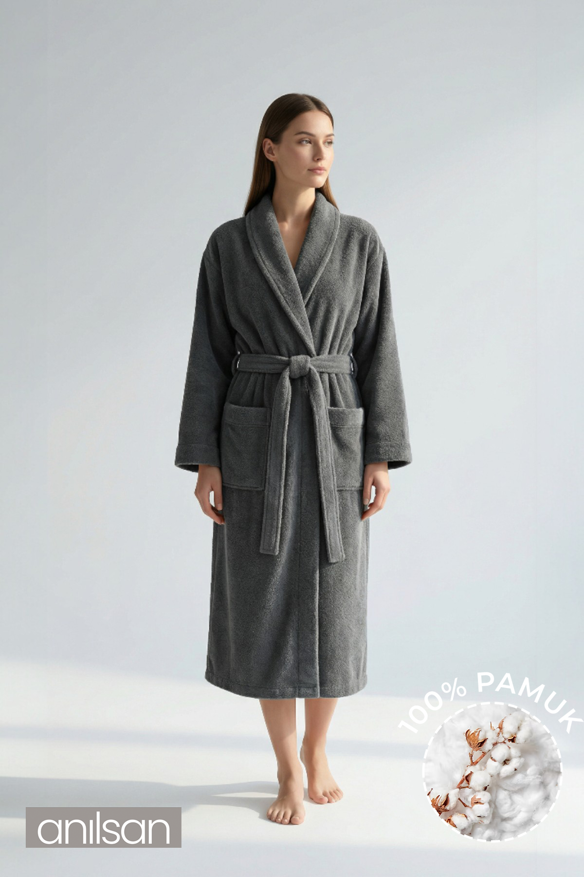 Şalyaka Bornoz Antrasit %100 Pamuk Unisex Spa Için Ideal Kadın/Erkek