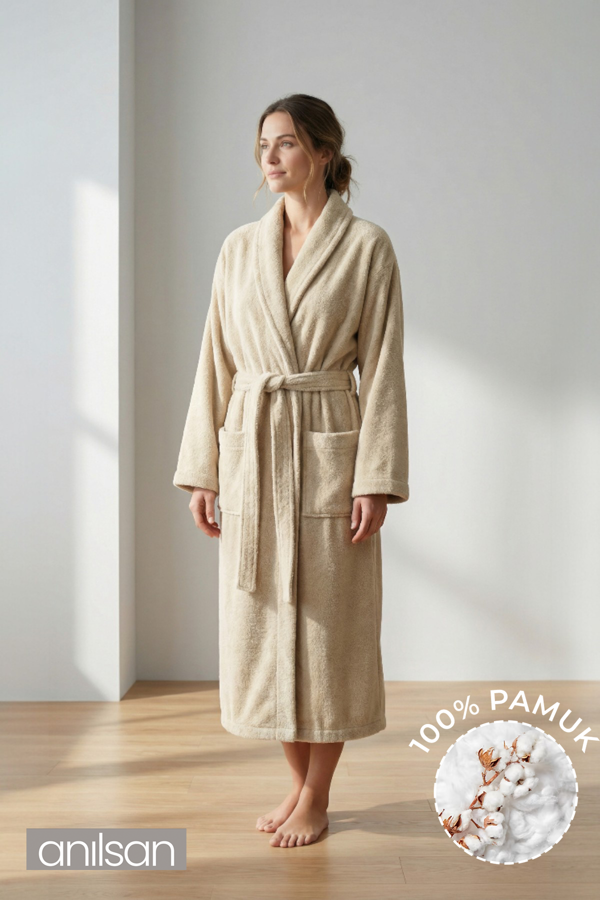 Şalyaka Bornoz Bej %100 Pamuk Unisex Spa Için Ideal Kadın/Erkek