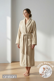 Şalyaka Bornoz Bej %100 Pamuk Unisex Spa Için Ideal Kadın/Erkek