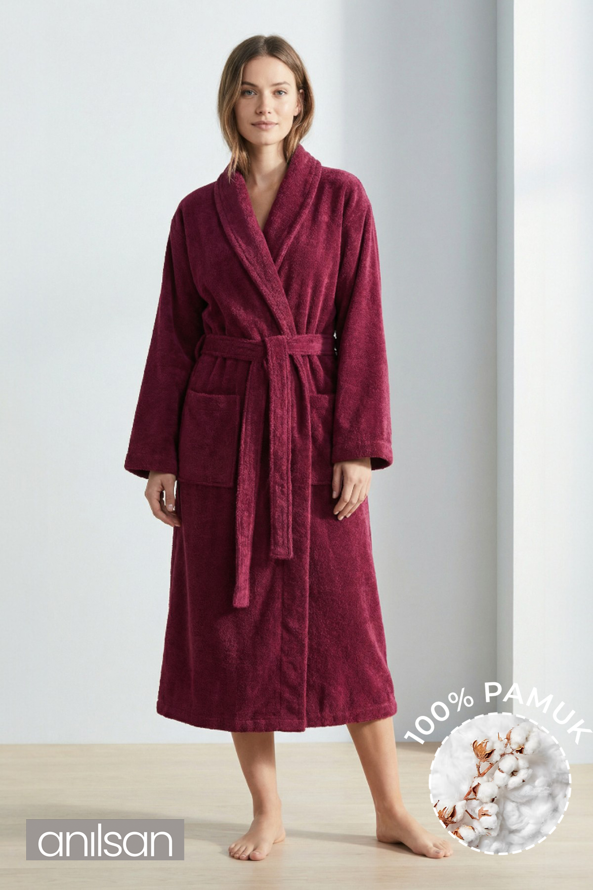 Şalyaka Bornoz Bordo %100 Pamuk Unisex Spa Için Ideal Kadın/Erkek
