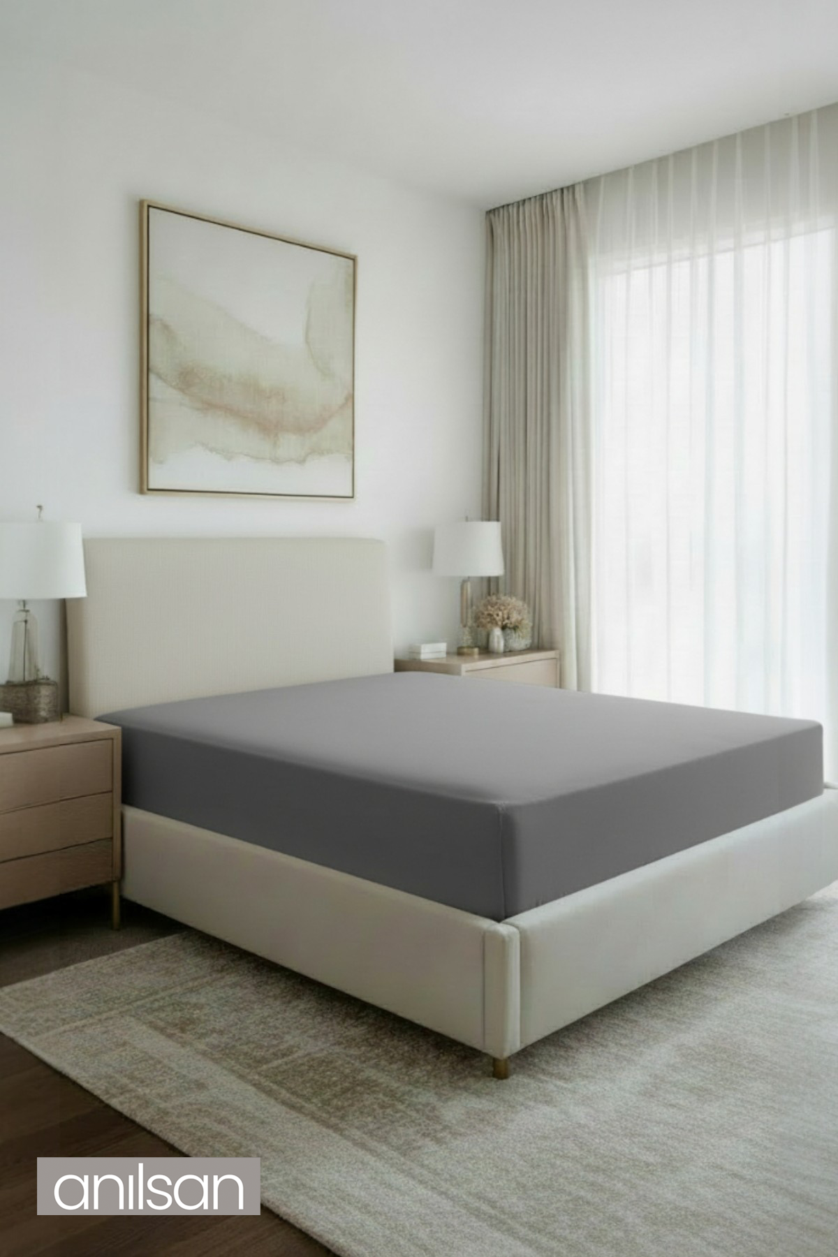 Jersey Çift kişilik Lastikli Çarşaf %100 Pamuk - Gri