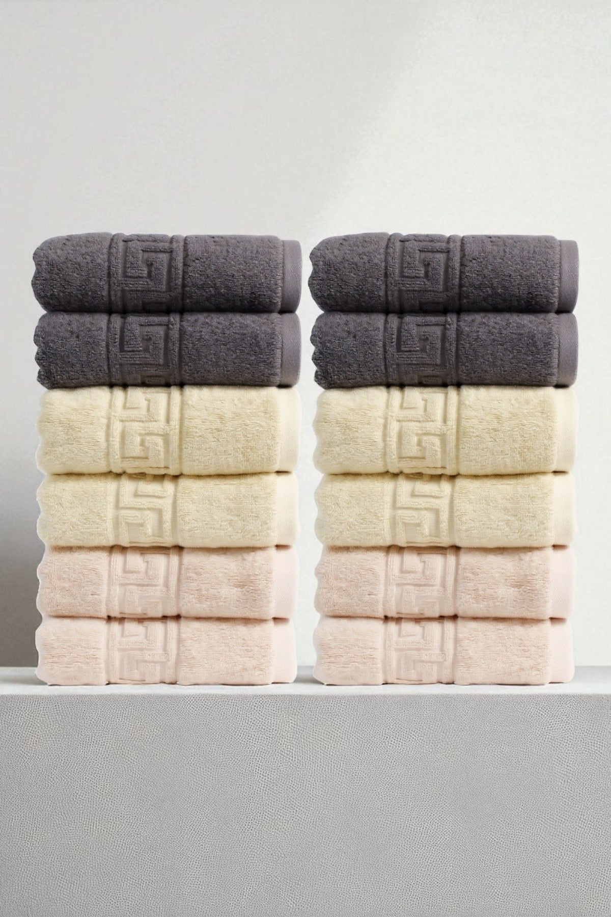 12'li Trio Karışık Greek El Havlusu - 50x90 Cm, 225 Gr, %100 Pamuk, Spa Ve Otel Havlusu