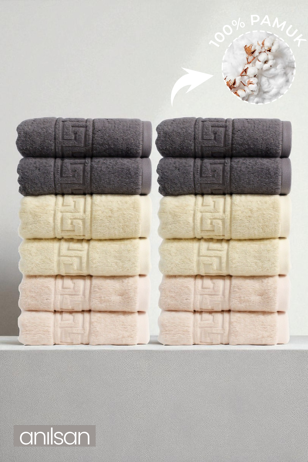 12'li Trio Karışık Greek El Havlusu - 50x90 Cm, 225 Gr, %100 Pamuk, Spa Ve Otel Havlusu