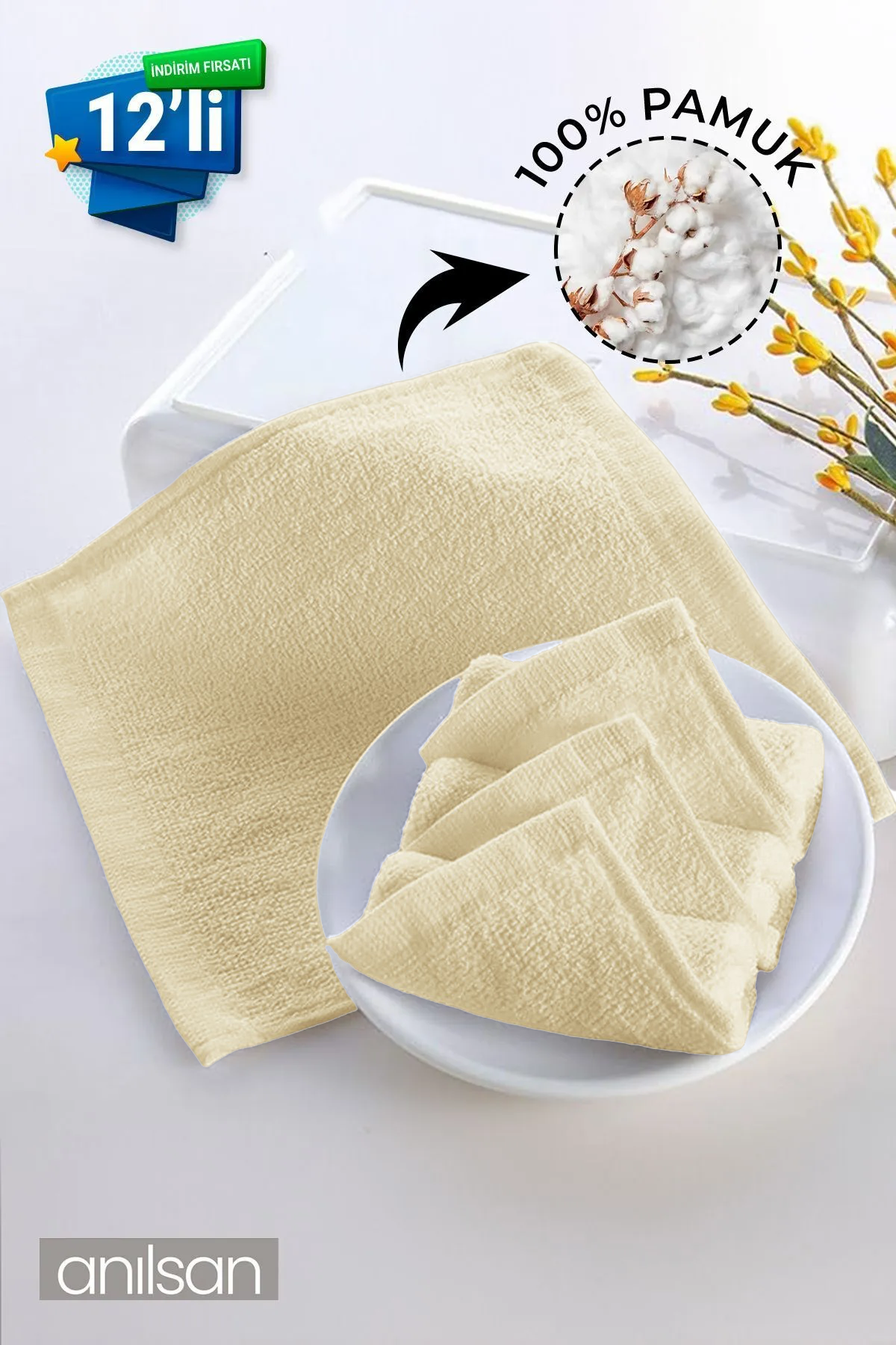 12'li Krem Mini Havlu - 26x26 cm 30GR, %100 Pamuk, Bebek ve Çocuklar İçin, Yüz Havlusu Olarak Kullanıma Uygun