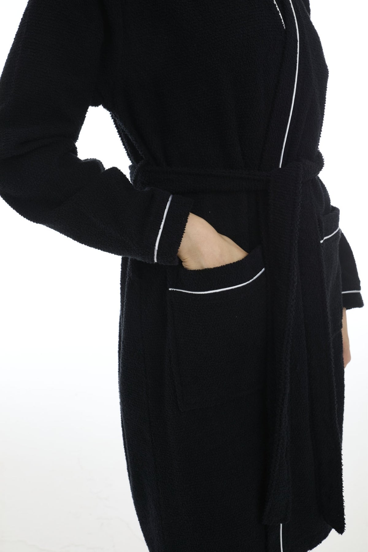 Athena Kimono Kadın Mini Bornozu - Siyah -Fitilli %100 Pamuk