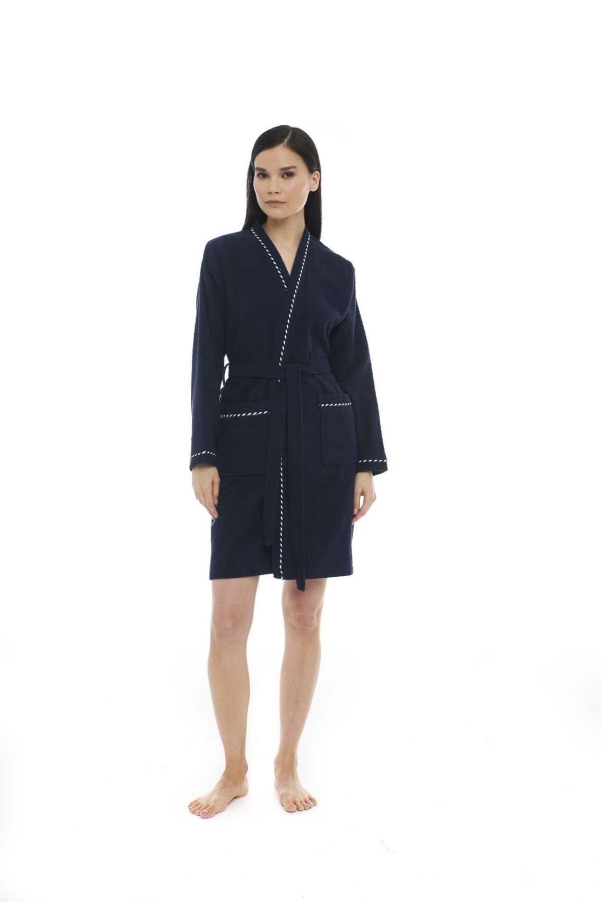Athena Kimono Kadın Mini Bornozu - Lacivert -Fitilli %100 Pamuk