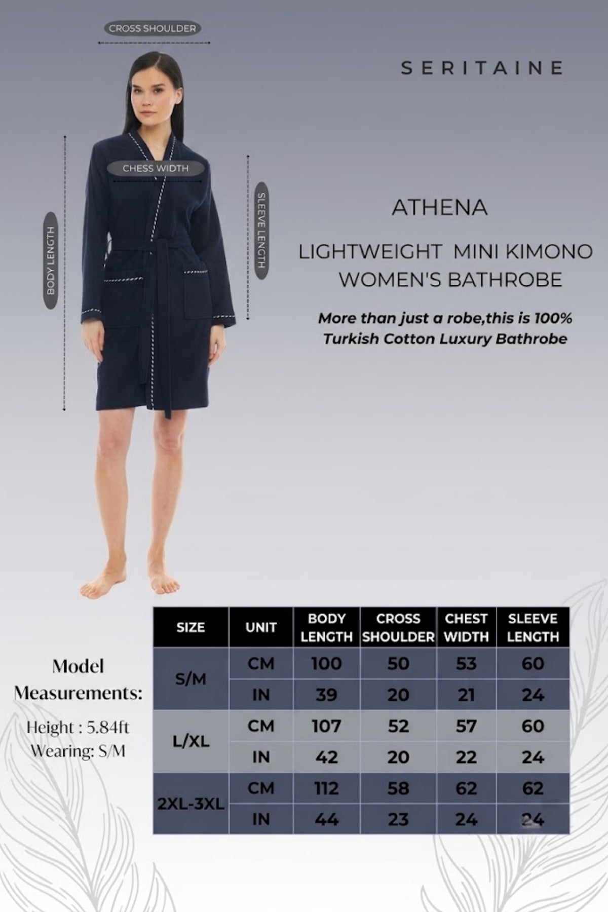 Athena Kimono Kadın Mini Bornozu - Lacivert -Fitilli %100 Pamuk