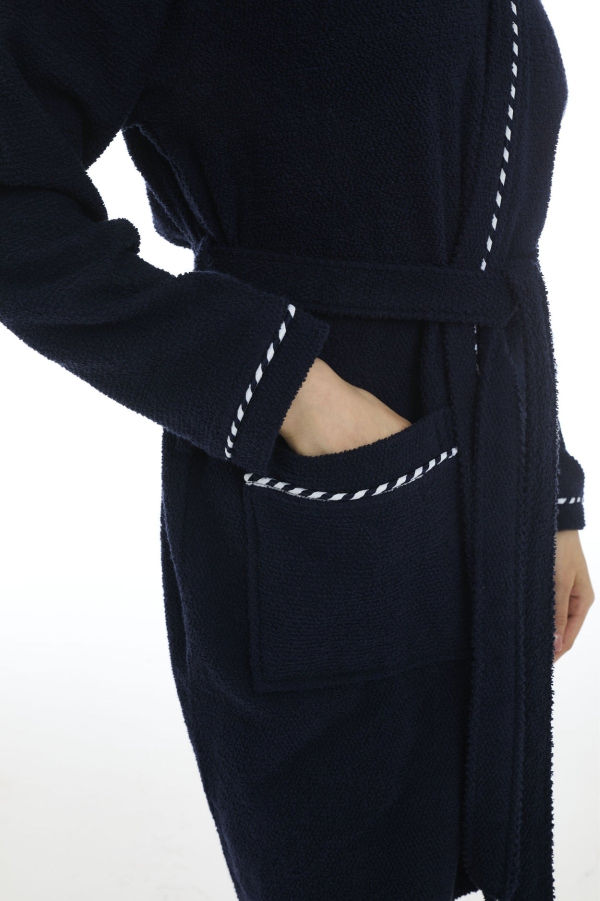 Athena Kimono Kadın Mini Bornozu - Lacivert -Fitilli %100 Pamuk