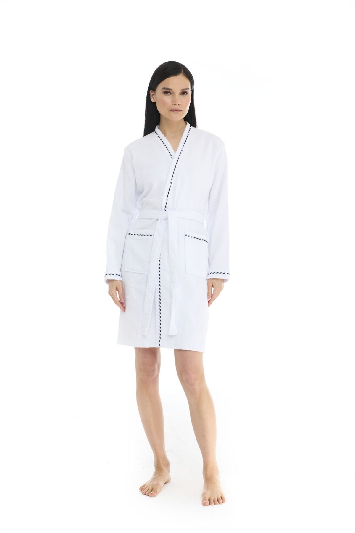 Athena Kimono Kadın Mini Bornozu - Beyaz -Fitilli %100 Pamuk