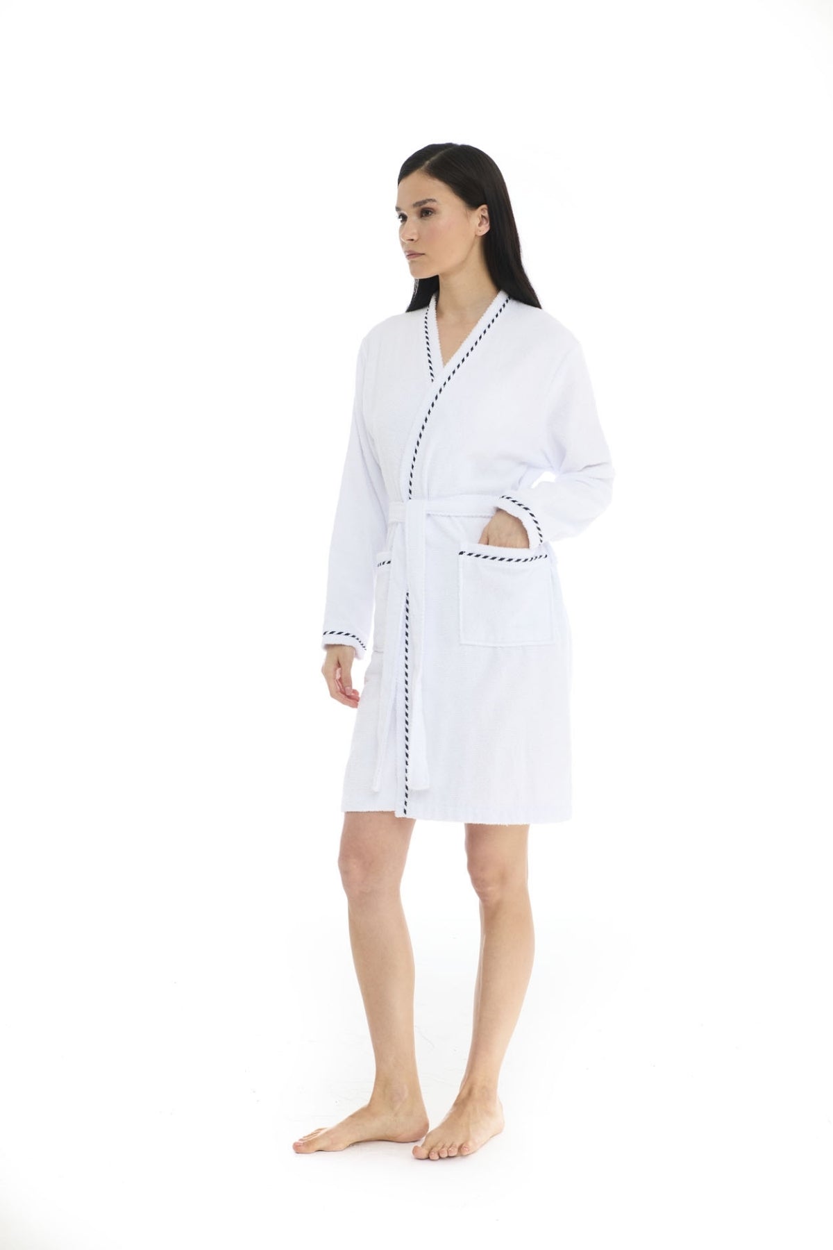 Athena Kimono Kadın Mini Bornozu - Beyaz -Fitilli %100 Pamuk