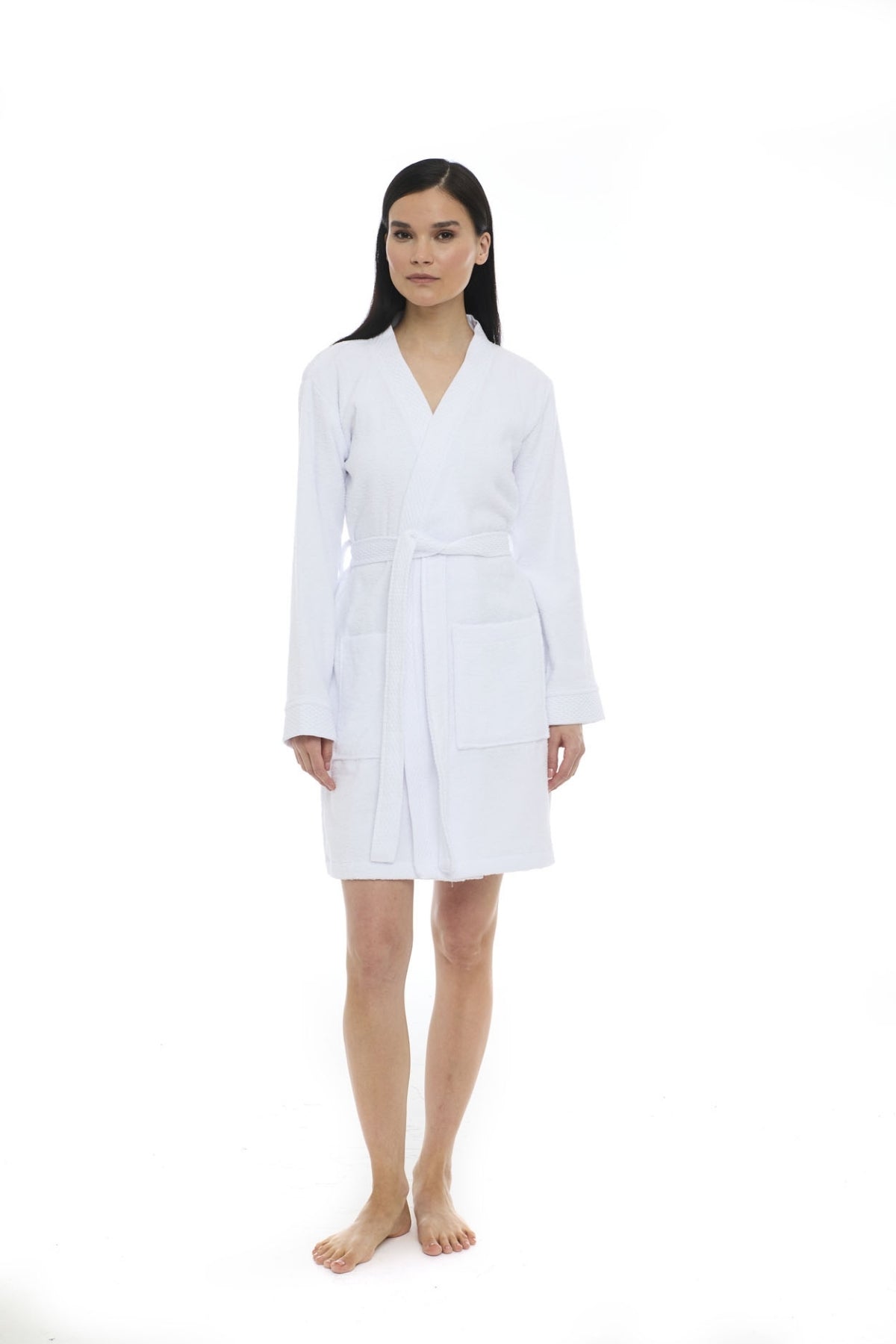Athena Kimono Kadın Mini Bornozu - Beyaz -Armürlü %100 Pamuk